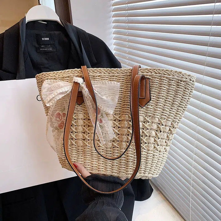 Floral Bow Woven Straw Tote Bag