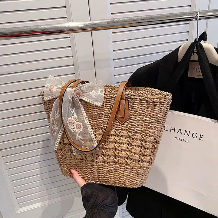 Floral Bow Woven Straw Tote Bag
