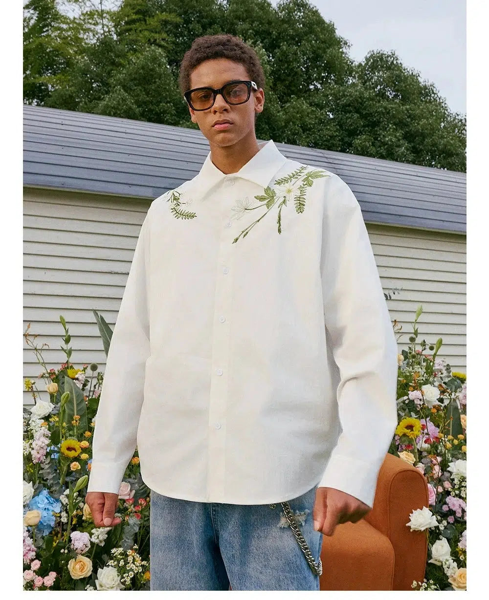 Floral Embroidered Long-Sleeved Shirt