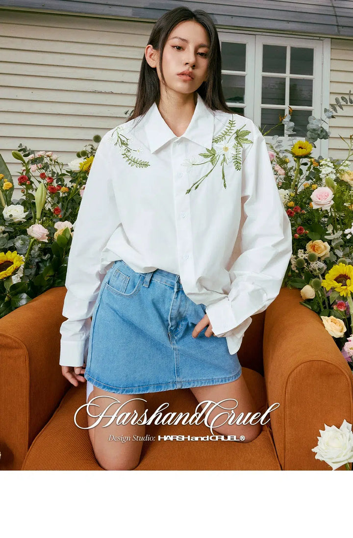 Floral Embroidered Long-Sleeved Shirt