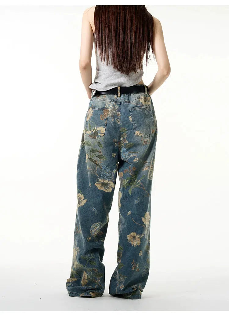 Floral Print Wide-leg Jeans