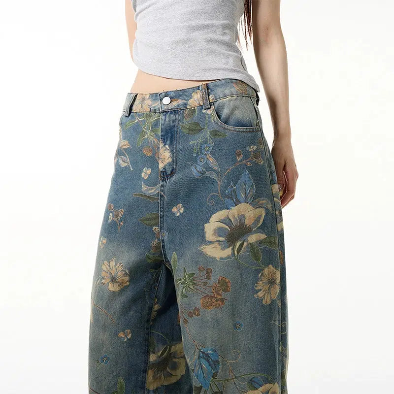 Floral Print Wide-leg Jeans