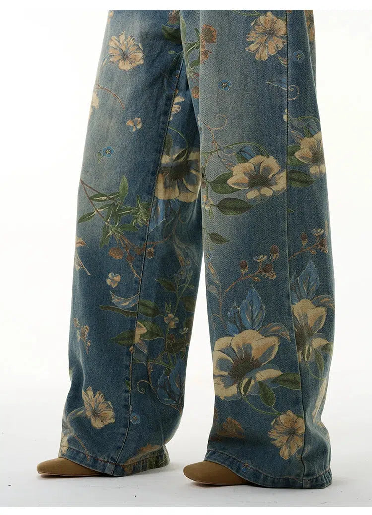 Floral Print Wide-leg Jeans