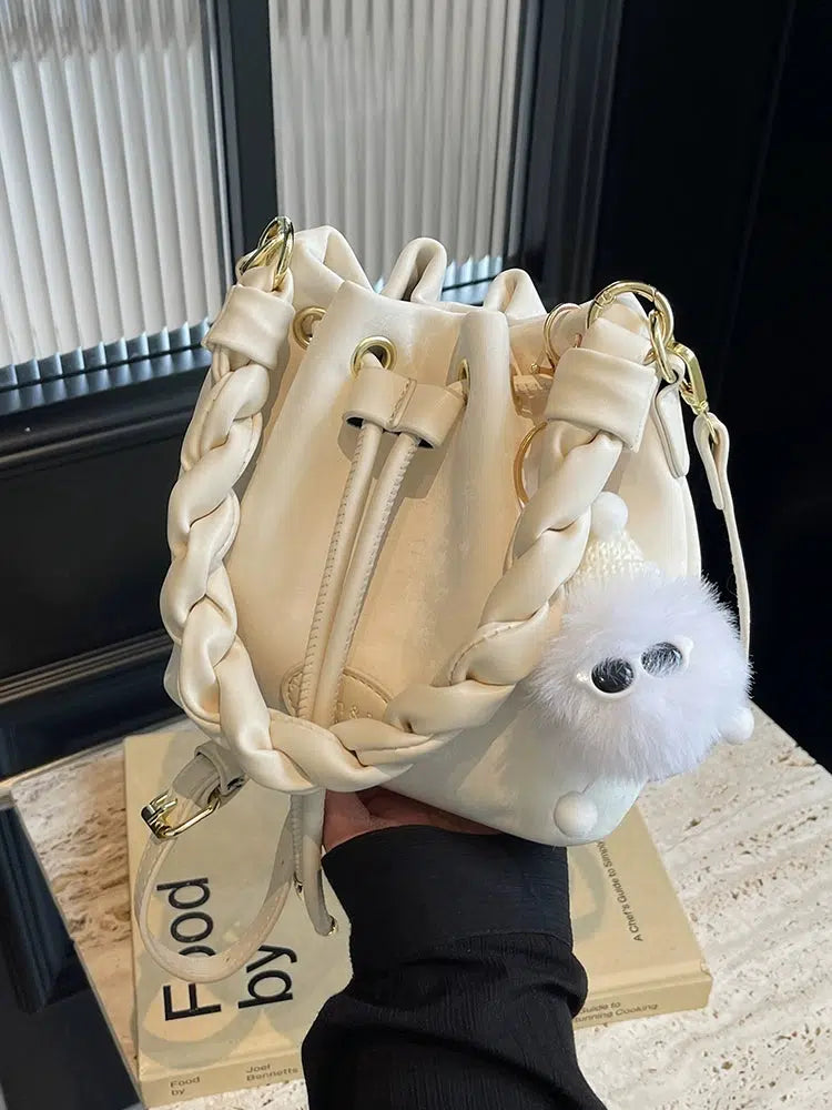 Fluffy Keychain Braided Handle Bucket Bag