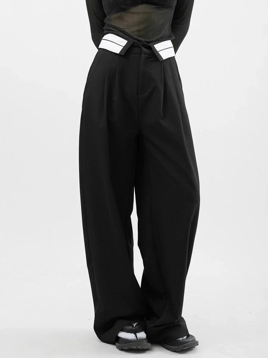 Folding Waistband Wide-leg Pleated Pants