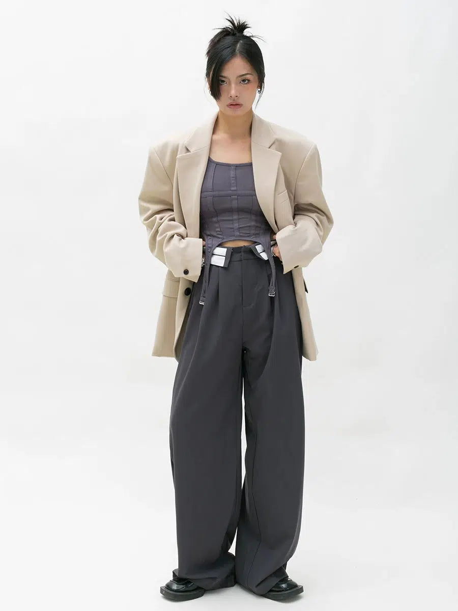 Folding Waistband Wide-leg Pleated Pants