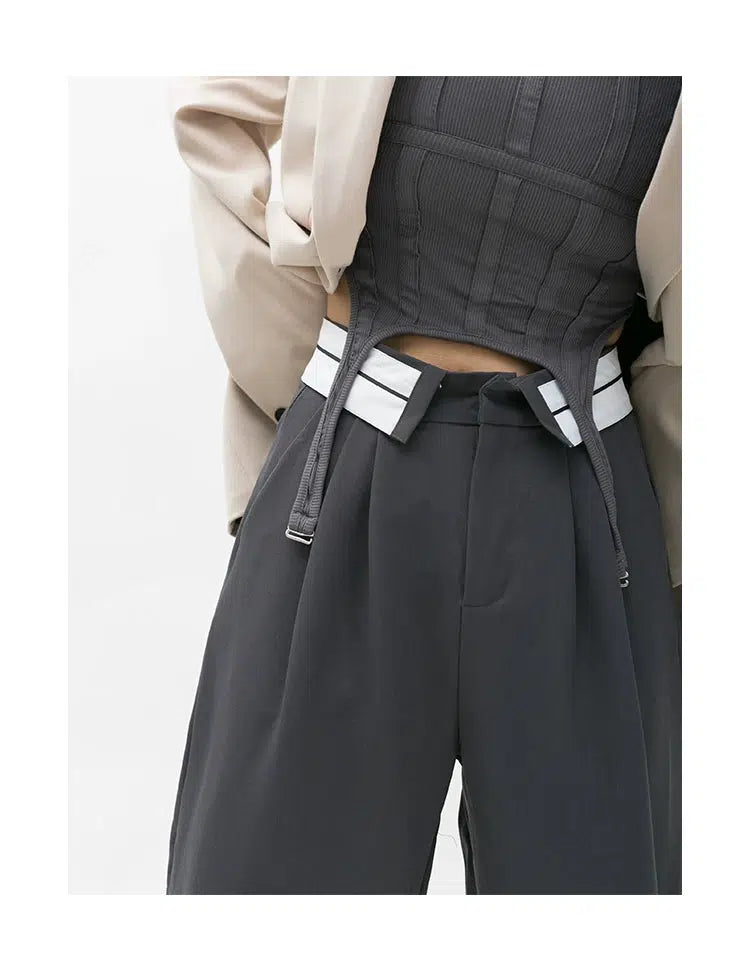 Folding Waistband Wide-leg Pleated Pants
