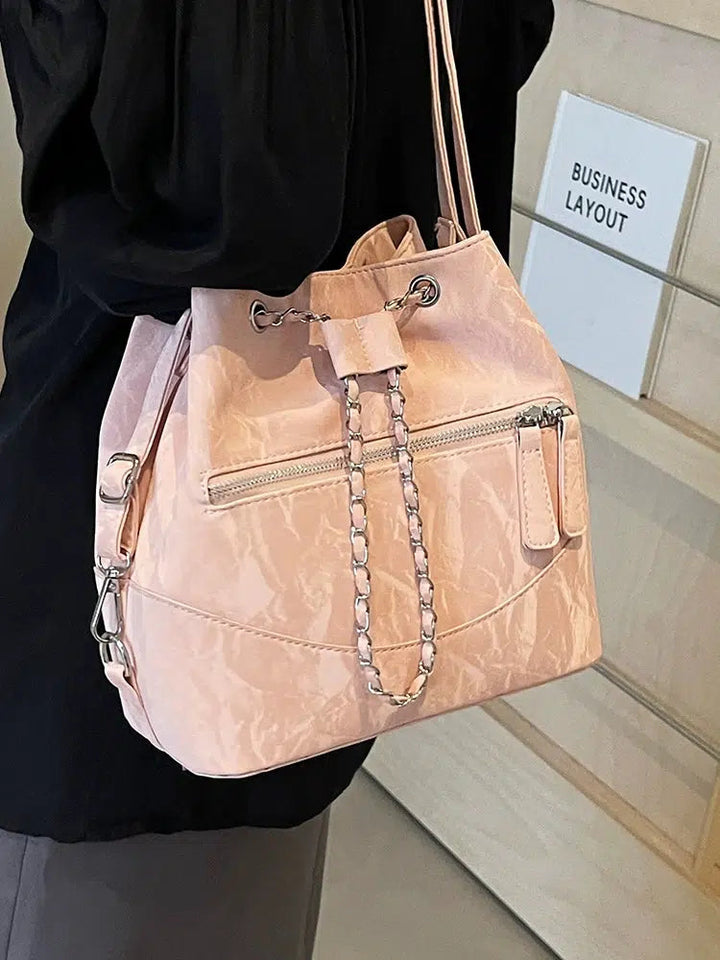 Front Pocket Chain Accent Bucket Bag