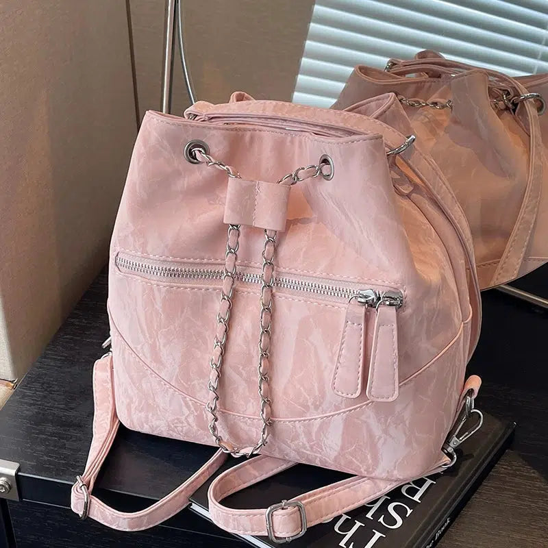 Front Pocket Chain Accent Bucket Bag
