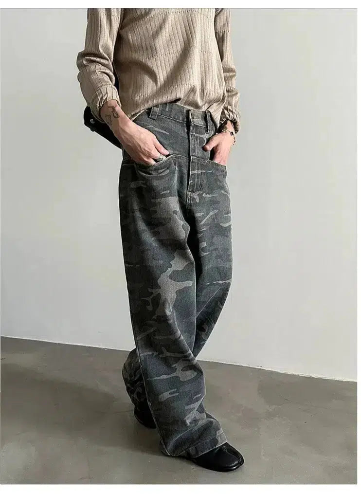 Front Pocket Washed Camouflage Jeans