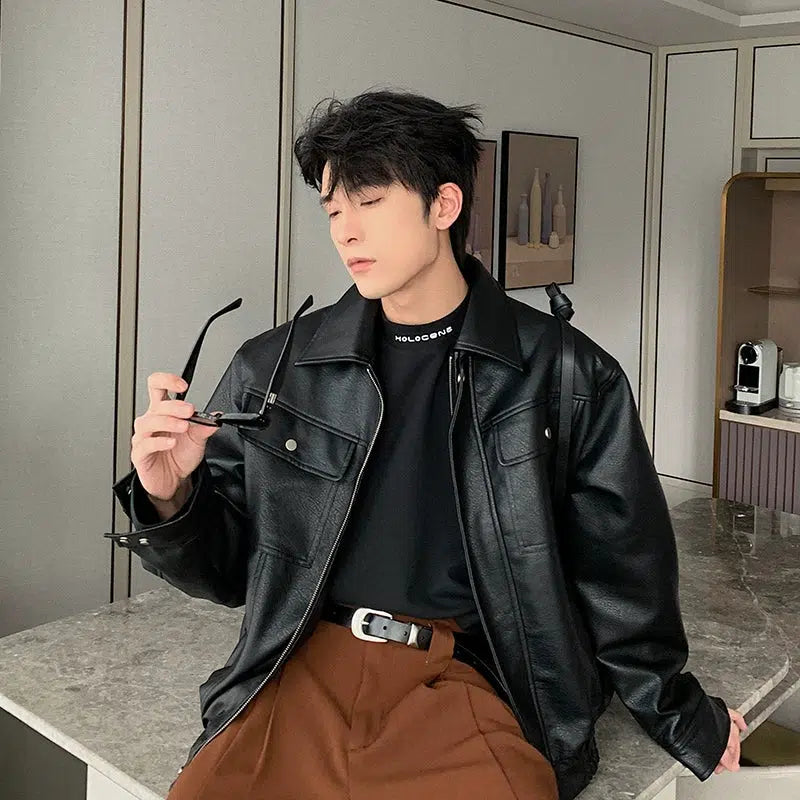 Front Pockets Classic Leather Jacket