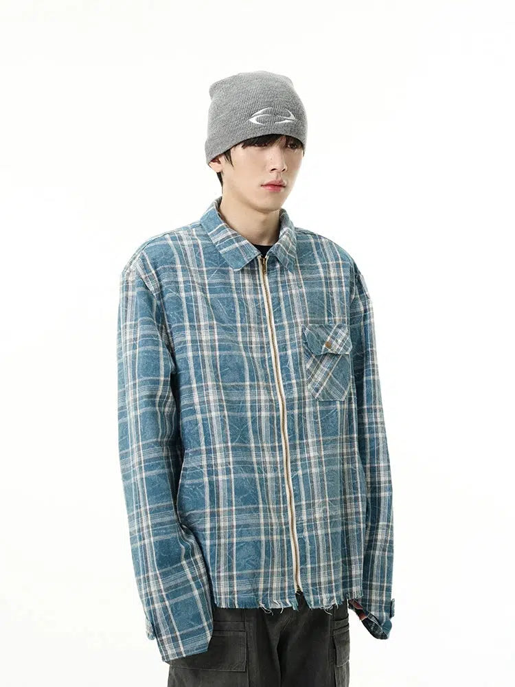 Full Zip Blue Plaid Shirt