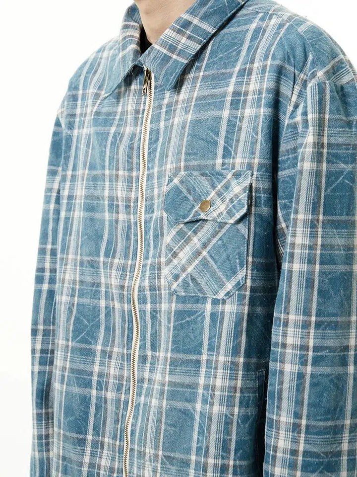 Full Zip Blue Plaid Shirt