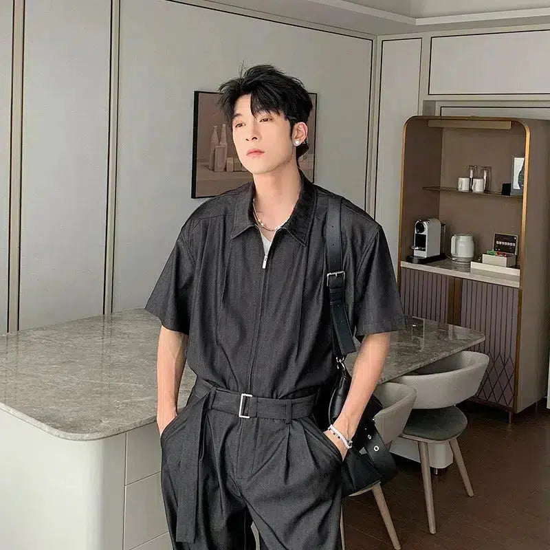 Full Zip Short Sleeve Shirt & Wide Leg Pants