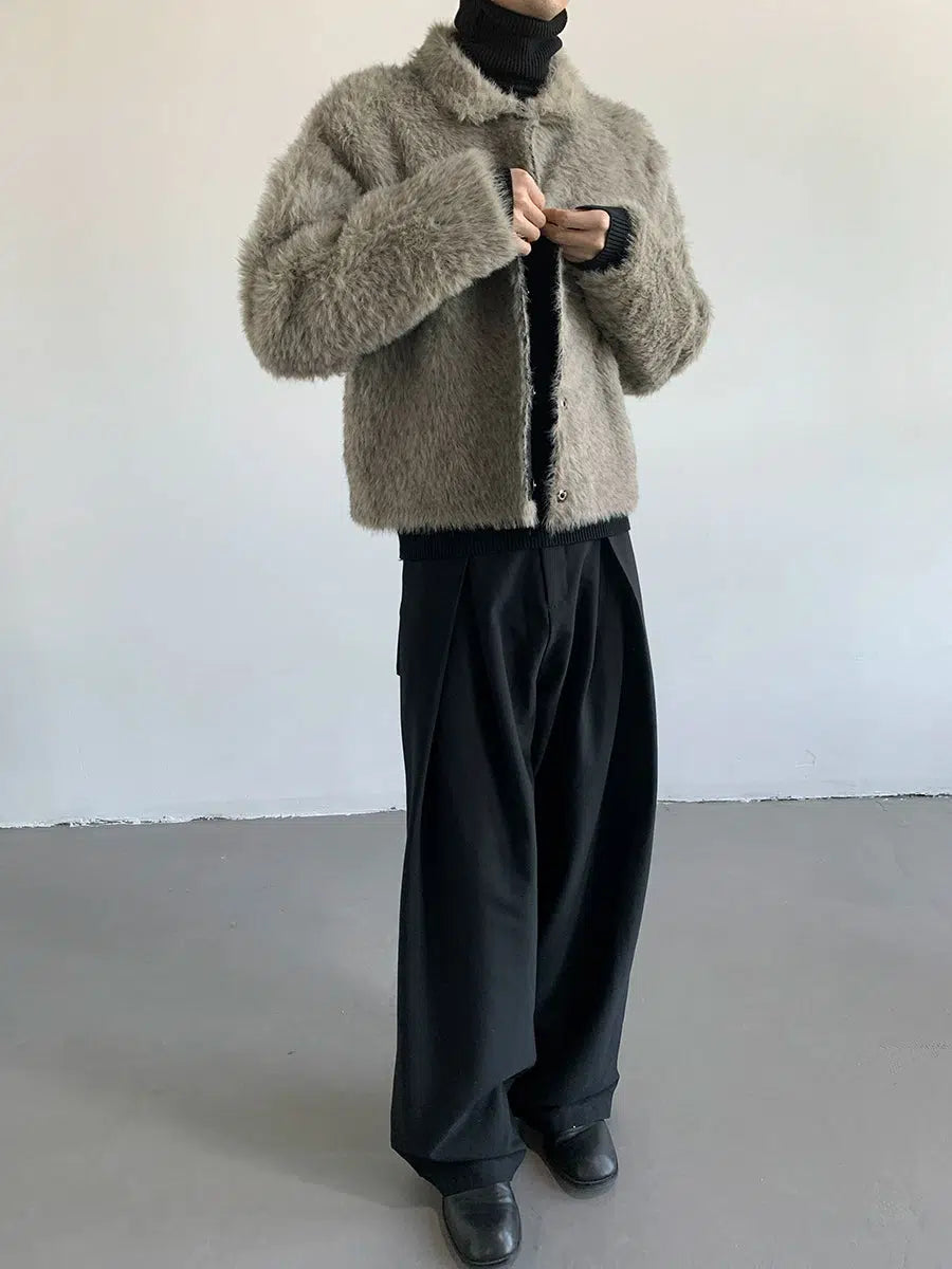 Fuzzy Knit Jacket with Ribbed Trim