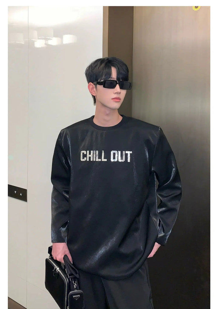 Glossy Silver Letter Pullover with Shoulder Pads