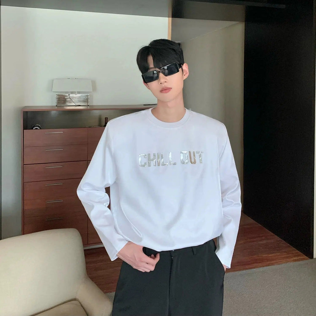 Glossy Silver Letter Pullover with Shoulder Pads