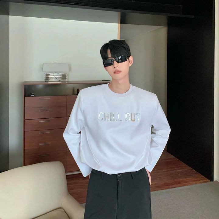 Glossy Silver Letter Pullover with Shoulder Pads