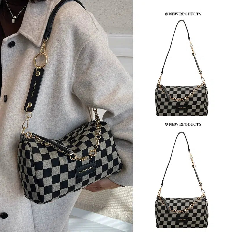 Gold Accents Checkered Shoulder Bag