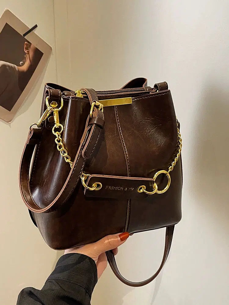 Gold Chain Strap Leather Bucket Bag