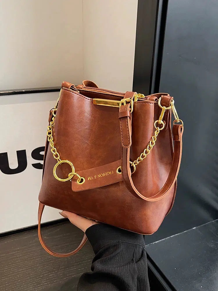 Gold Chain Strap Leather Bucket Bag