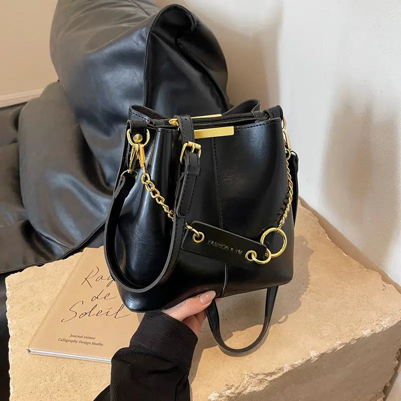 Gold Chain Strap Leather Bucket Bag