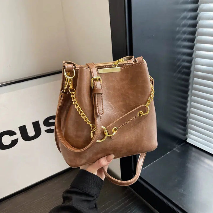 Gold Chain Strap Leather Bucket Bag
