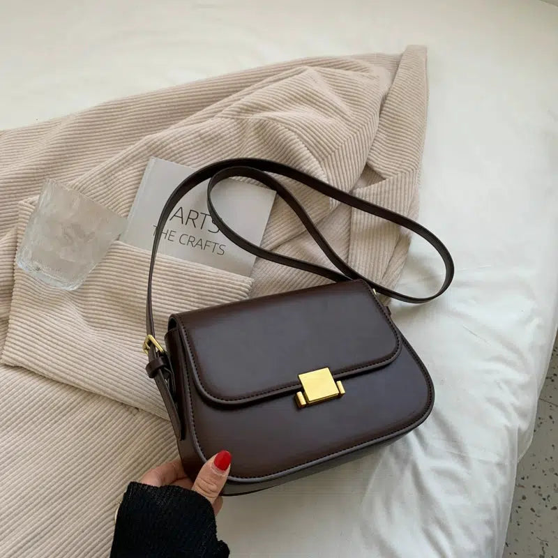 Gold Clasp Leather Shoulder Bag