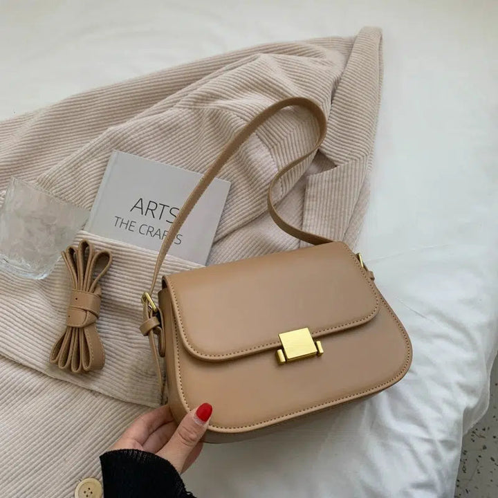 Gold Clasp Leather Shoulder Bag