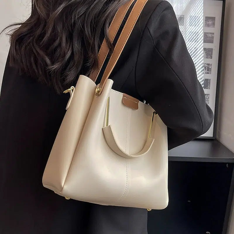 Gold Handle Accents Leather Tote Bag