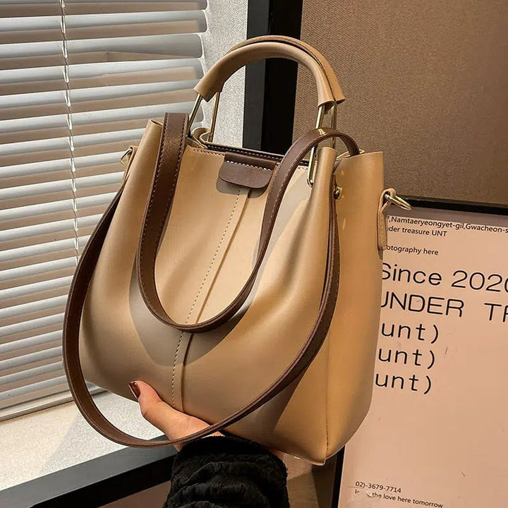Gold Handle Accents Leather Tote Bag