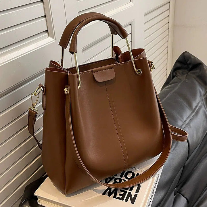 Gold Handle Accents Leather Tote Bag