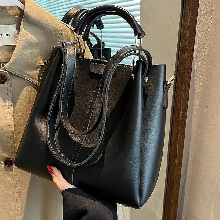 Gold Handle Accents Leather Tote Bag