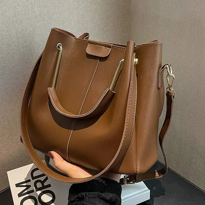 Gold Handle Accents Leather Tote Bag