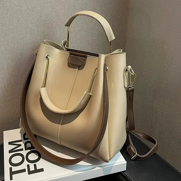 Gold Handle Accents Leather Tote Bag