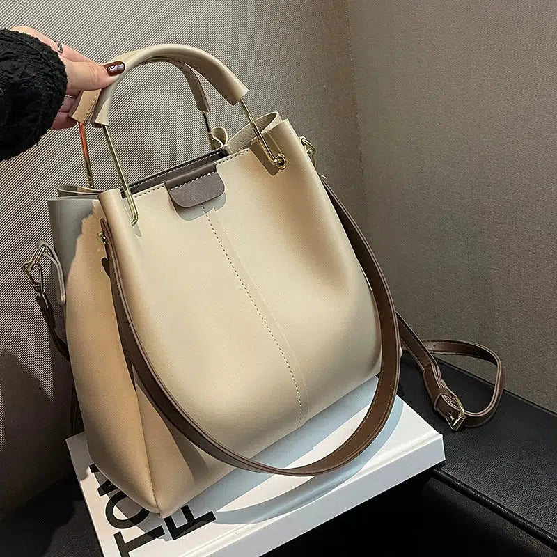 Gold Handle Accents Leather Tote Bag