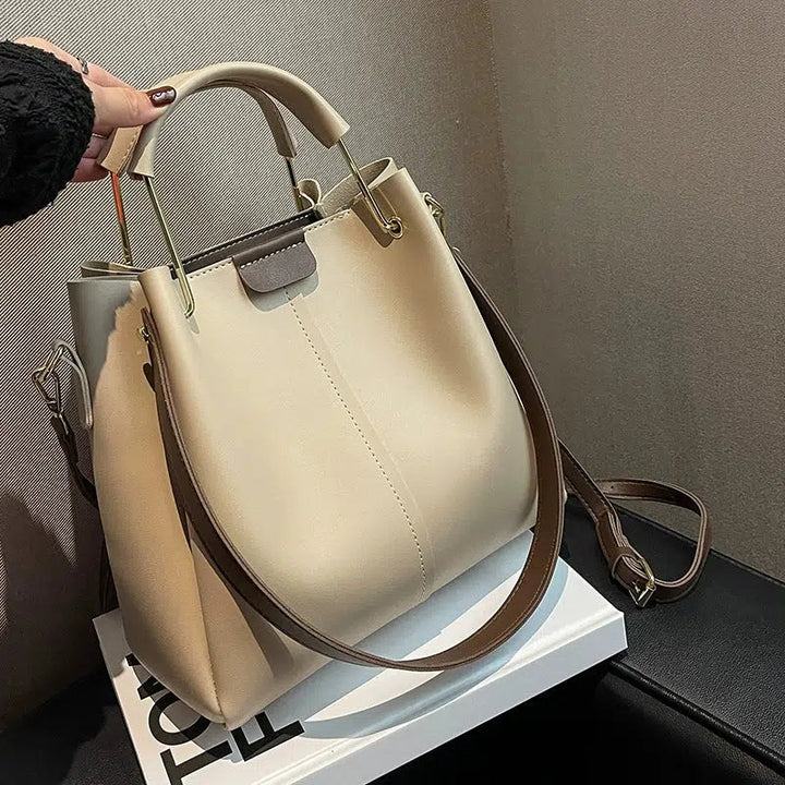 Gold Handle Accents Leather Tote Bag