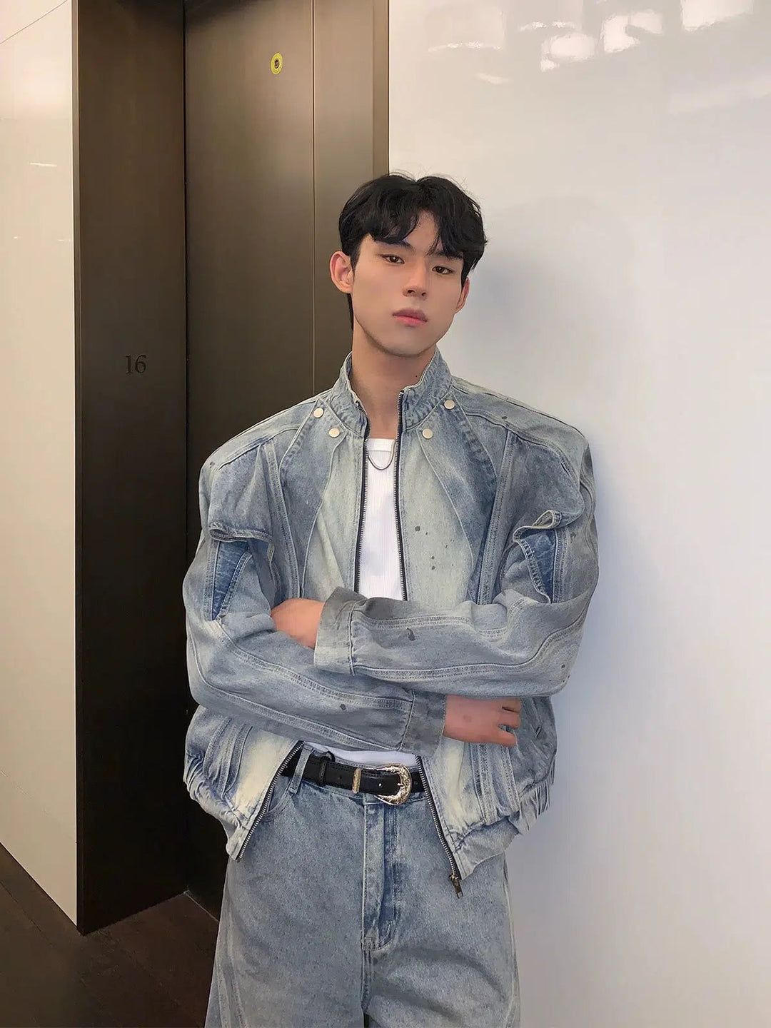 Gradient Stand Collar Jacket Jeans Set