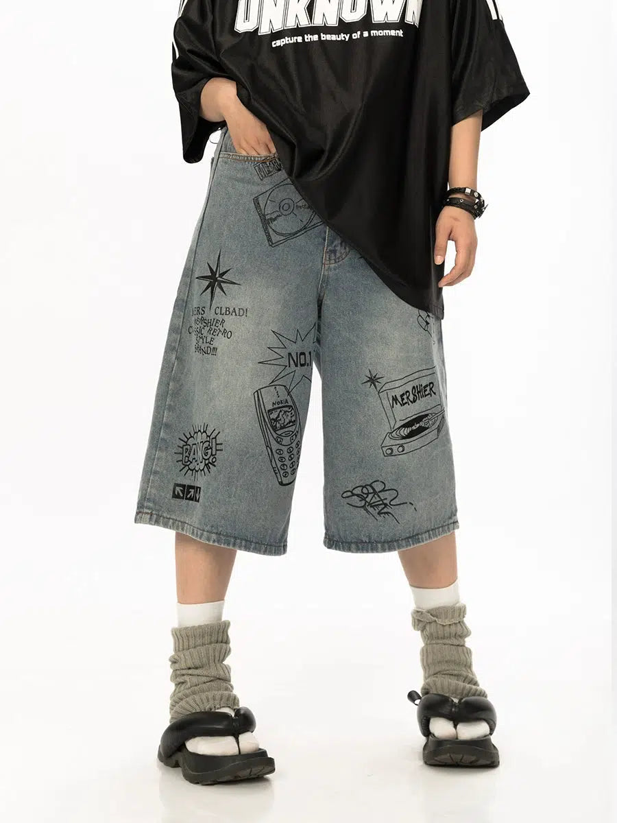 Graffiti Denim Mid-length Shorts