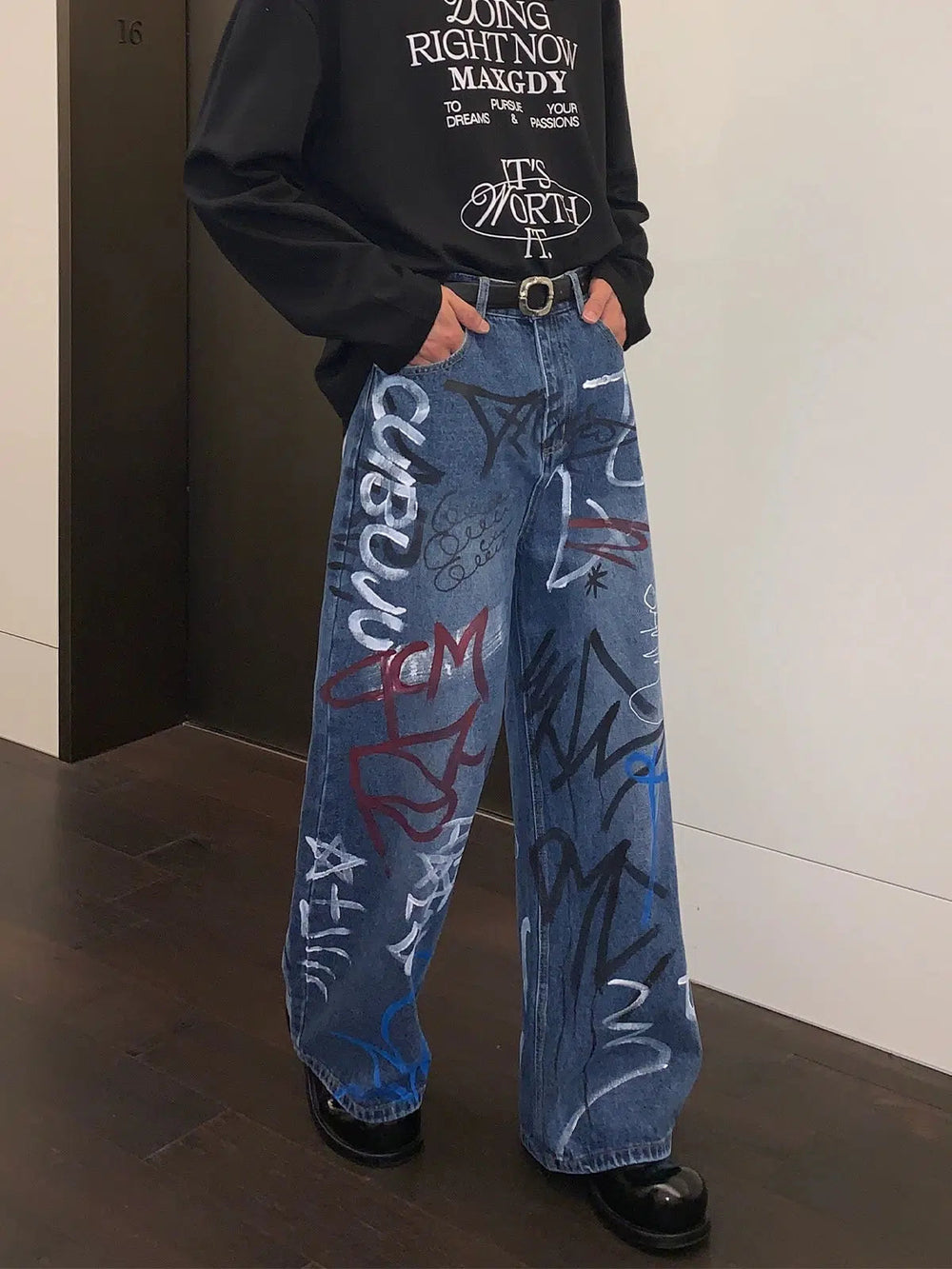 Graffiti Print Denim Pants