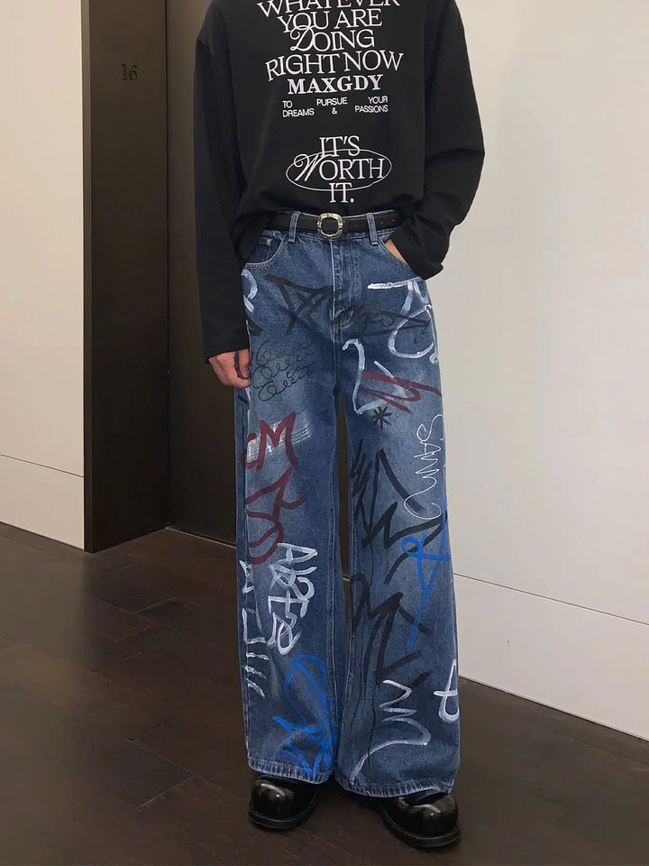 Graffiti Print Denim Pants