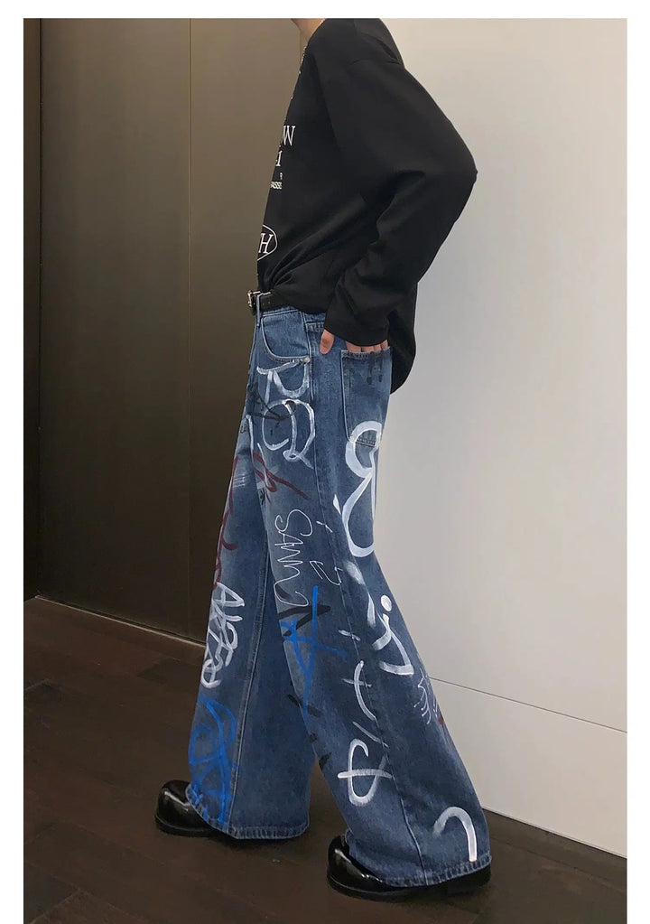 Graffiti Print Denim Pants