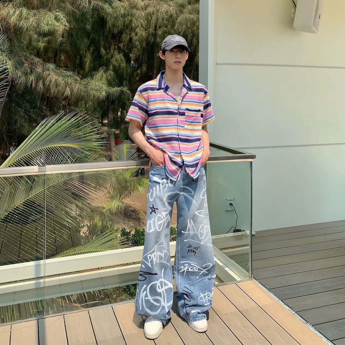 Graffiti Print Wide-Leg Jeans