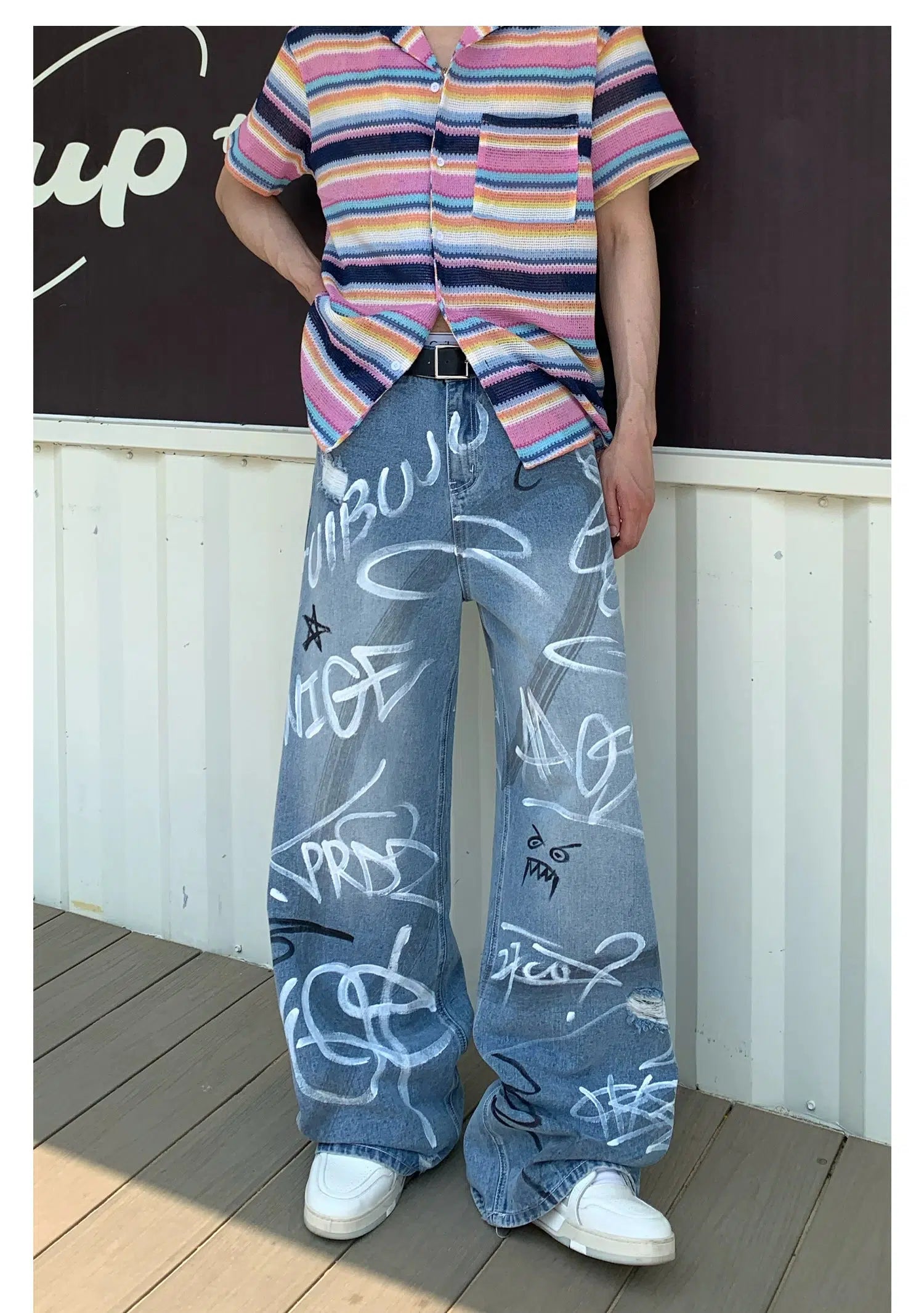 Graffiti Print Wide-Leg Jeans
