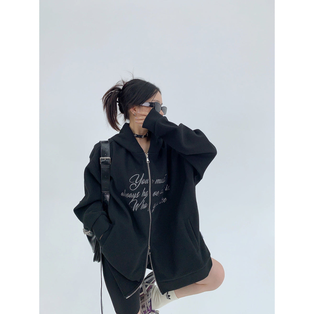 Graphic Print Hooded Zip-Up Coat