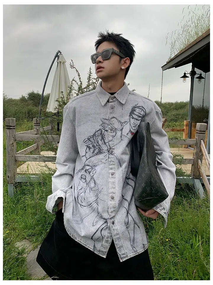 Graphic Printed Washed Denim Shirt