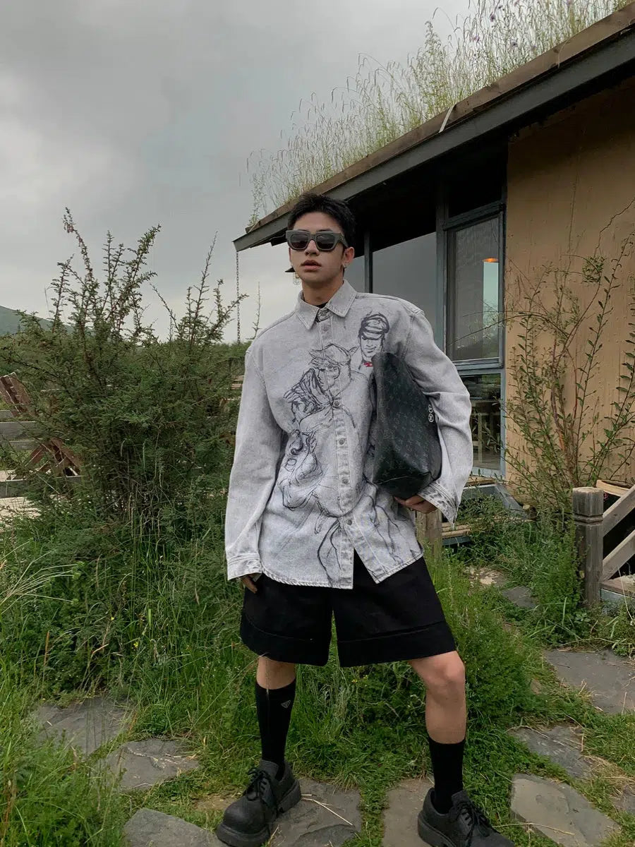 Graphic Printed Washed Denim Shirt