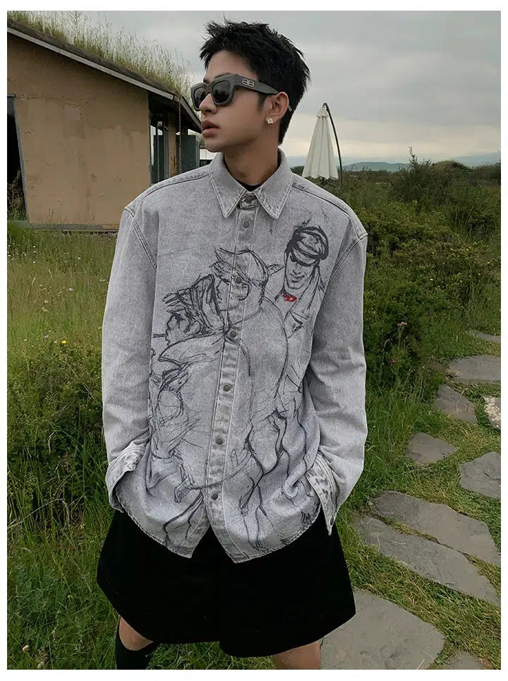 Graphic Printed Washed Denim Shirt