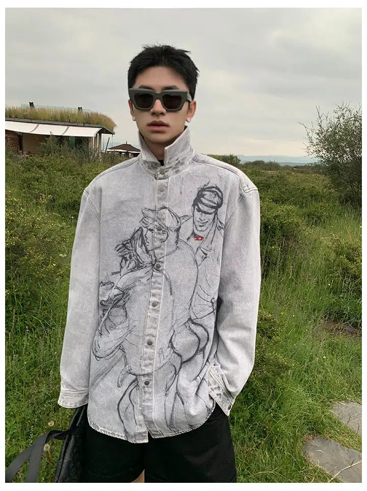 Graphic Printed Washed Denim Shirt