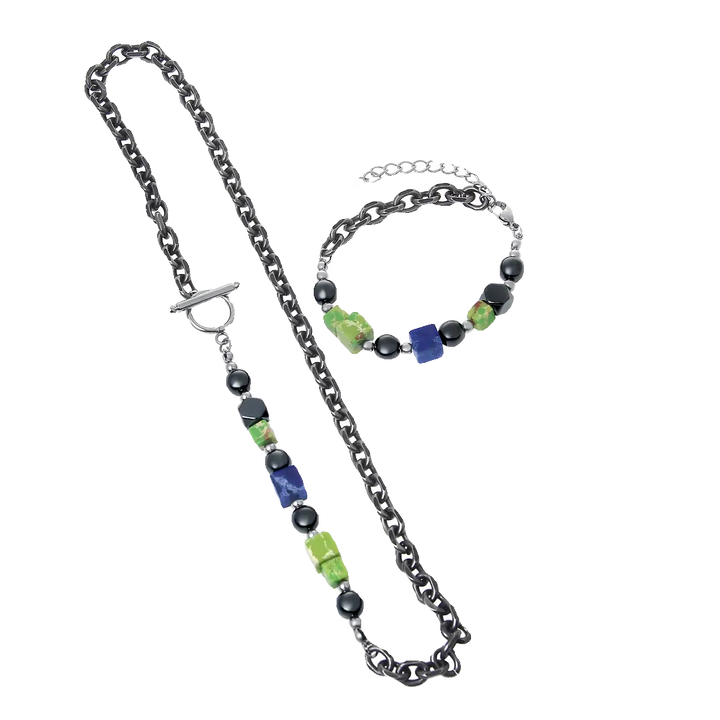 Green Square Beaded Necklace & Bracelet
